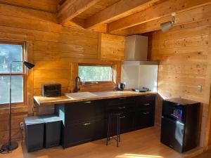 a kitchen with a counter and a sink in a cabin at A Sleeping Forest in Ito