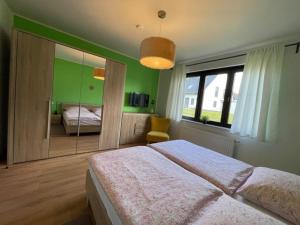 a bedroom with a large bed and a mirror at Werner in Lenz +7 photos