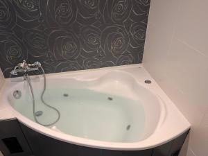 a bath tub with a shower in a bathroom at El Jardin in Soto de la Marina