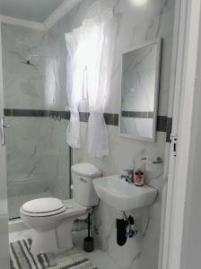 a white bathroom with a toilet and a sink at Roxy's in Richards Bay +6 photos