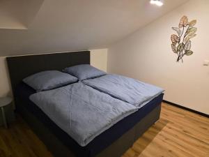 ein Schlafzimmer mit einem Bett und zwei blauen Kissen in der Unterkunft Herzplatz in Altötting