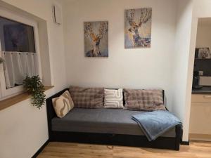 Eine Couch in einem Wohnzimmer mit Gemälden an der Wand in der Unterkunft Herzplatz in Altötting