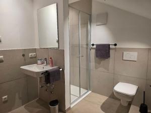 ein Badezimmer mit Toilette, Waschbecken und Dusche in der Unterkunft Herzplatz in Altötting