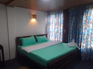 a bedroom with a bed with green sheets and a window at Pavis guest inn in Nallathanniya +10 photos