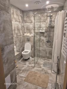 a bathroom with a toilet and a glass shower at Gościniec Chmielnicki in Chmielnik