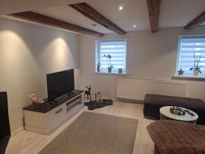 a living room with a flat screen tv and a couch at Ferienwohnung Alte Glaserei in Ilsenburg