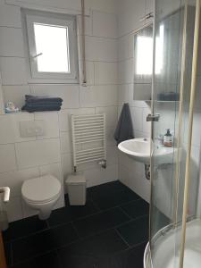 a bathroom with a toilet and a sink at Frankfurt Airport & Fair Apartment in Kelsterbach +17 photos