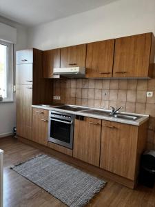 a kitchen with wooden cabinets and a sink and a refrigerator at Ferienwohnung Chiara in Mettlach
