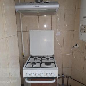 a white stove top oven in a kitchen at Alexander Residence in Slănic-Moldova