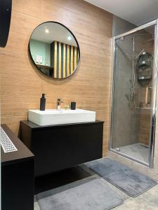 a bathroom with a sink and a mirror at Best Apartment Scheia in Suceava +34 photos