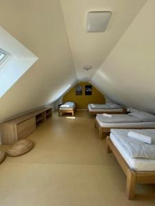 a attic room with several beds and a ceiling at Apartmány U Jeskyní in Sloup