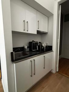 a kitchen with white cabinets and a sink and a microwave at Les Cariatides in Lille +1 photo