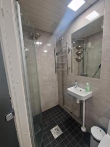 a bathroom with a sink and a shower at Haltijanmetsä in Kotka +6 photos