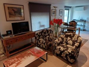 a living room with two chairs and a television at Lozerhof Studio in Kruisem