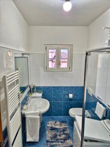 a blue and white bathroom with a sink and a tub at Faggi & Quiet in Mandello del Lario +11 photos