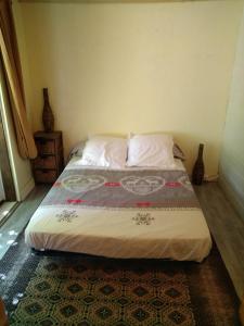 a bed in a small room with a bedspread on it at Gîte nature sous les châtaigniers in Zonza