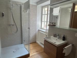 a bathroom with a shower and a sink and a glass shower stall at Apartments Cafe Hexe in Bratislava +77 photos
