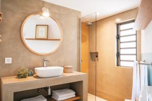 a bathroom with a sink and a mirror at La Pépite Villa in Pointe d'Esny