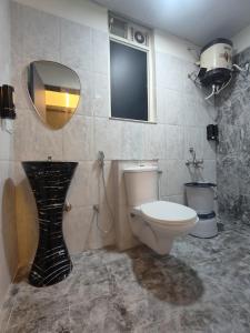 a bathroom with a toilet and a mirror at Staeg Meadow View 3BHK - 501 in Indore +11 photos
