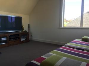 a living room with a television and a bed at Davidsons Luxury Homestay in Lower Hutt