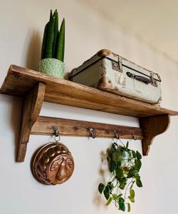 a shelf with a baby in a suitcase and some plants at B&B de Perenboom in Eck en Wiel