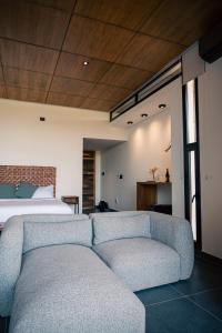 a living room with a couch and a bed at Boutique Hotel Bodega CICLO ANDINO in Perdriel