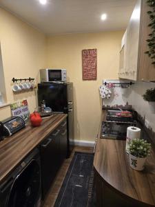 a small kitchen with a refrigerator and a counter at Ferienwohnung Salut in Saarbrücken