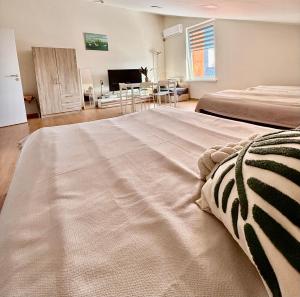 a bedroom with two beds and a living room at Perlos Apartamentai 12 in Birštonas +5 photos