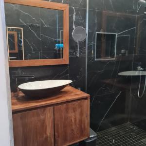 a bathroom with a sink and a glass shower at Le Pavillon du trou d'eau in La Saline les Bains