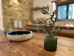 a green vase with a plant in it on a table at Villa Amici Apartment in Fontignano