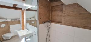 a bathroom with a shower and a sink and a toilet at Pension am Bach Prinz Charming in Fuldatal +22 photos