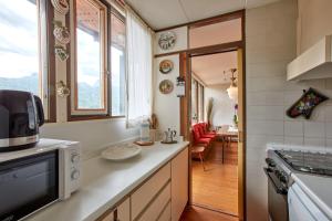 a kitchen with a counter with a microwave at Modernist Chalet in Borca di Cadore