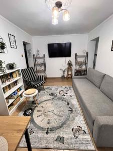 a living room with a couch and a tv at Cosy Apart Busteni in Buşteni