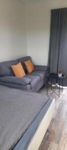 a bed and a couch in a room at Surf Shack 1 - Zimmer nah am Meer, WLAN, Gemeinschaftsgarten, Surfschule, Naturstrand, Parkplatz, Radfahrweg, Promenade in 10 Minuten erreichbar, Stopover Puttgarden in Dahme