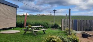 a picnic table in a yard with animals in a field at Surf Shack 1 - Zimmer nah am Meer, WLAN, Gemeinschaftsgarten, Surfschule, Naturstrand, Parkplatz, Radfahrweg, Promenade in 10 Minuten erreichbar, Stopover Puttgarden in Dahme +11 photos