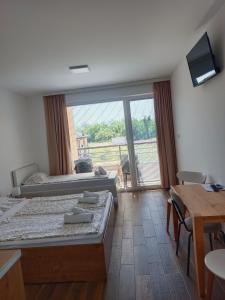 a room with two beds and a large window at Novel S&S in Veliko Gradište