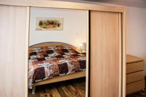 1 dormitorio con cama y espejo en Ferienwohnung Karkossa, en Wolfshagen