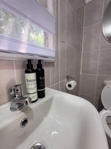 a bathroom with a sink with two bottles on it at Elite Luxe Cabin Suite in Welkom +14 photos