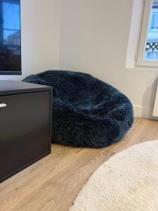 a blue blanket laying on the floor next to a tv at L'écrin orange, Wifi et parking gratuit in Chalons en Champagne