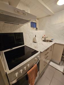 a kitchen with a stove and a sink at Salhusvegen in Bergen