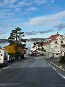 an empty street in a town with houses and a lake at Salhusvegen in Bergen