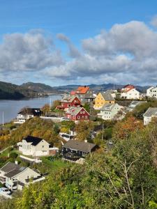 a small town with houses and a body of water at Salhusvegen in Bergen