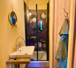 a bathroom with a sink and a shower at Manoir des Étangs in Croissanville +45 photos