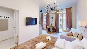 a living room with a couch and a tv at White Lotus Hévíz - 50 m from Thermal Lake in Hévíz
