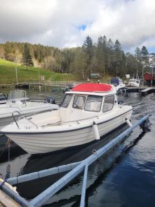 a white boat is docked at a dock at Ferienhaus Solli Norwegen in Kolvereid +3 photos