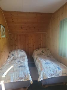 two beds in a cabin with wooden walls at Ferienhaus Solli Norwegen in Kolvereid