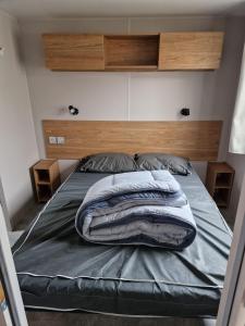 a bedroom with a bed with a wooden headboard and pillows at Lac des rêves in Lattes