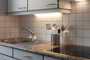 a kitchen with a sink and a counter with utensils at Interlaken Apartments in Interlaken +35 photos