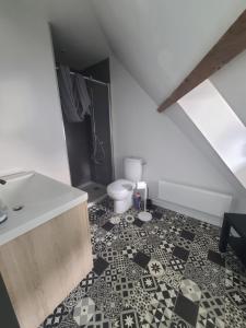 a bathroom with a sink and a toilet at Le nid de Marceline in Lannion