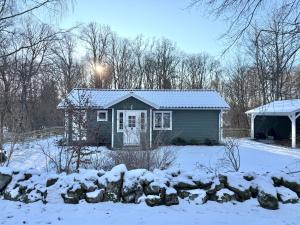 a small green house with snow on the ground at Wonderful cottage close to lakes in Södra Rörum +33 photos